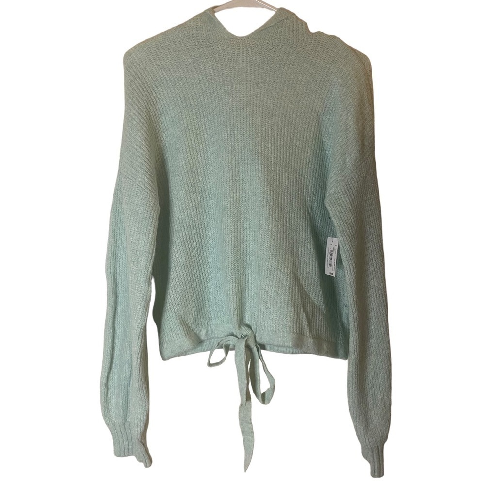 Flirtitude Mint Green Waffle Knit Cropped Hoodie Sweater Tie Hem M NWT